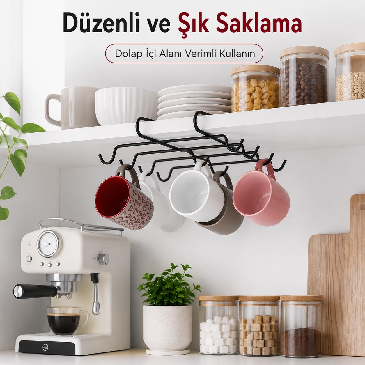 Alper Banyo 10 Kancalı Siyah Fincanlık, Rafa Geçmeli Kupa Askısı, Dolap Altı Fincan Düzenleyici, Montajsız Metal Mutfak Organizer