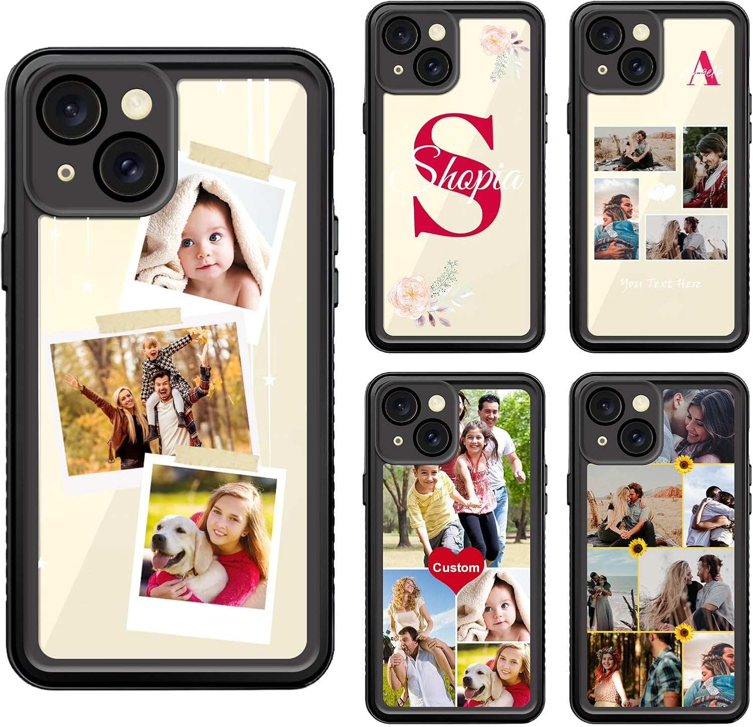 Personalized for Apple iPhone 15 Case Waterproof Add Your Picture,Built-in Screen & Camera Lens Protector[IP68 Underwater] [Military Grade Shockproof] Full Body Protection Phone Cover, Black/Clear