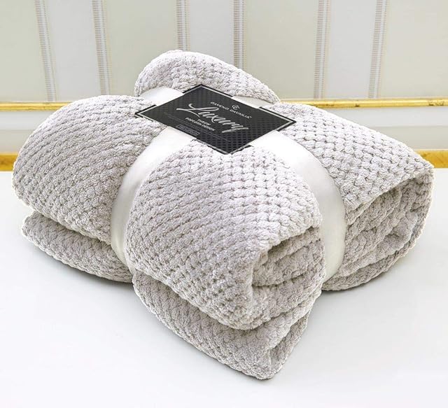 LJ Popcorn Waffle Style Luxurious Throws Super Soft Warm Cosy Sofa and Bed Fleece Blankets (Silver, Single - 130x150cms)