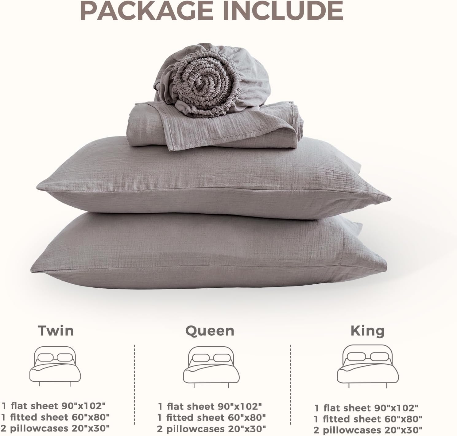 Queen Sheet Set Cotton Bed Sheets Gauze 4 Pcs Grey Queen Sheets Set 16" Deep Pocket Sheet & Pillowcase Sets Boho Muslin Queen Sheets Soft Queen Bedding Sets for All Season - Image 6