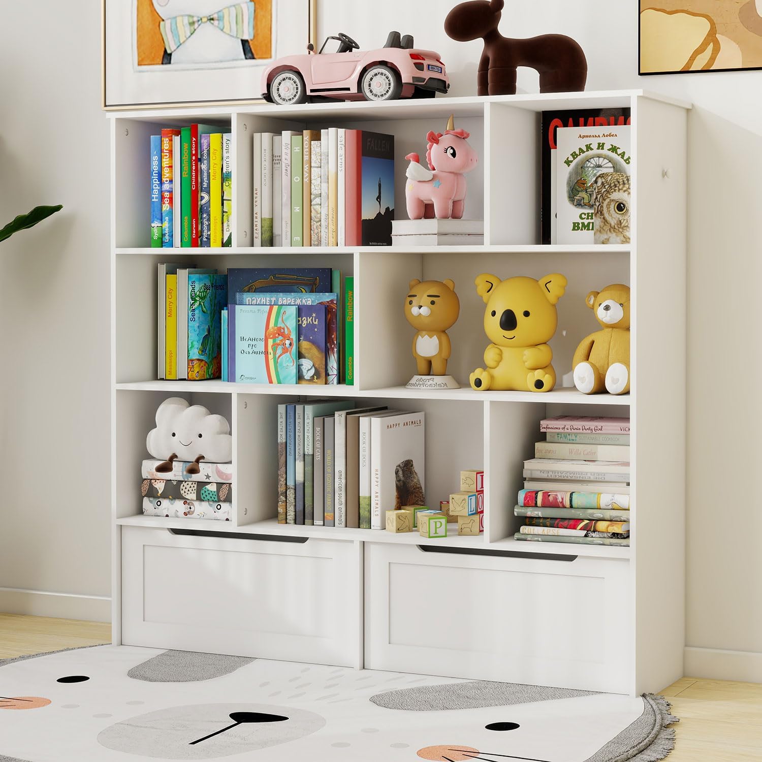 Toy Storage Organizer and Kids Bookshelf, Floor Storage Cabinet Toy Chest with 2 Movable Drawers and 8 Storage Cubbies, Multifunctional Storage Chest Storage Organization for Children's Room, Playroom