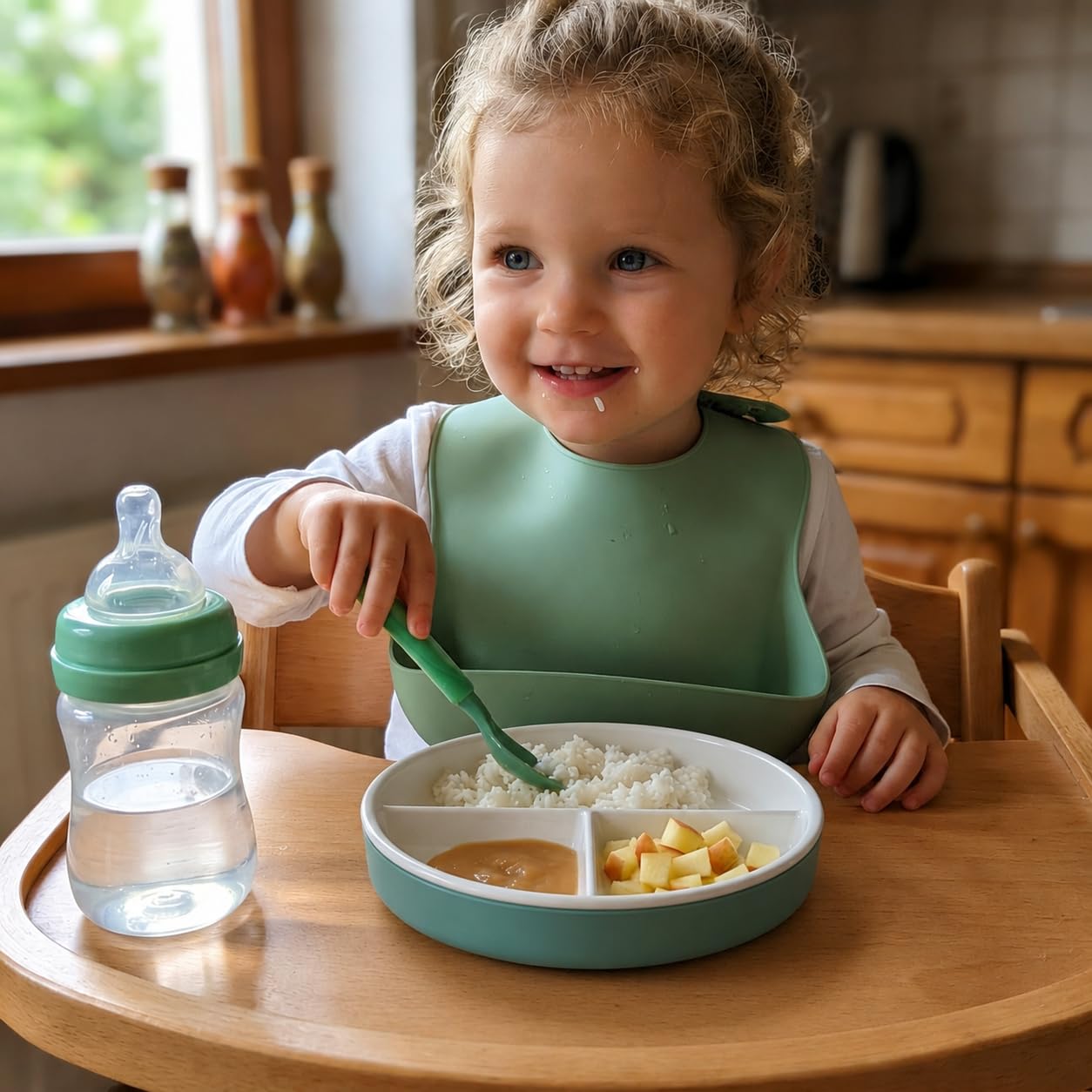 Hochwertiger Kinderteller/Babyteller aus gehärtetem, robustem Porzellan mit Schutz aus elegantem Silikon und rutschfesten Saugnäpfen; ideal auch als Teller für Camping, Wohnmobil und Boot
