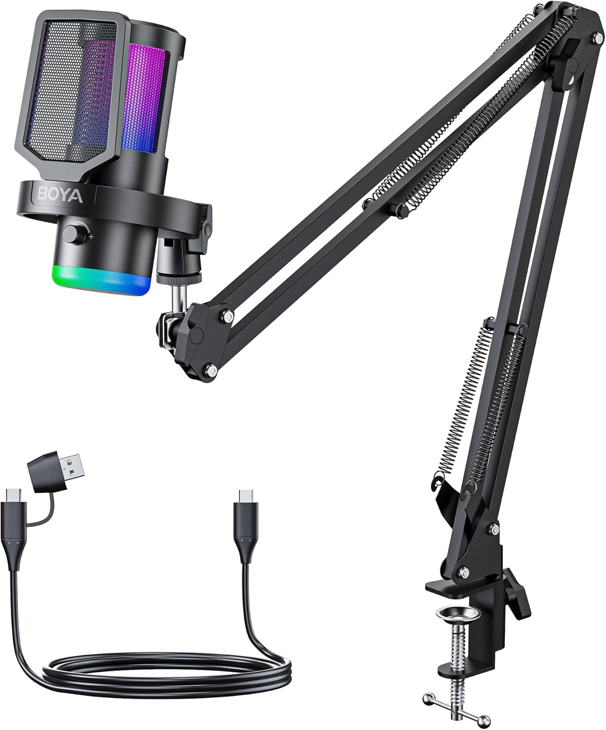 BOYA USB Gaming Microphone with Boom Arm, 192kHz/24bit, Supercardioid + ENC Noise Cancellation, Touch Mute, 9 RGB Effects, Gain Knob, Monitor Jack, Microphone for PC/PS4/PS5/Mac/Android/iOS