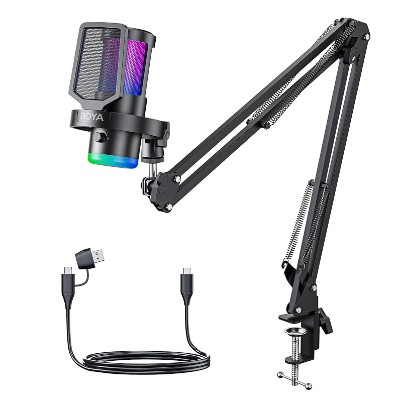 BOYA USB Gaming Microphone with Boom Arm, 192kHz/24bit, Supercardioid + ENC Noise Cancellation, Touch Mute, 9 RGB Effects, Gain Knob, Monitor Jack, Microphone for PC/PS4/PS5/Mac/Android/iOS