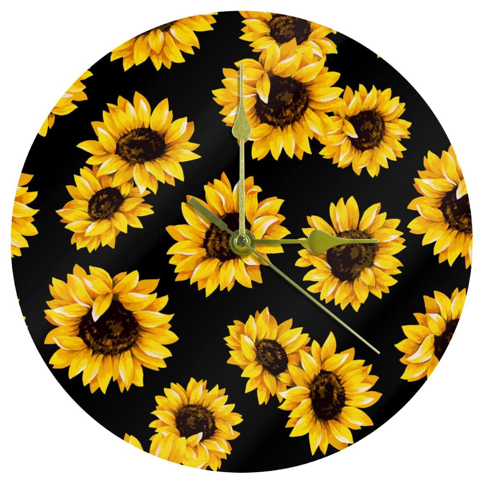 Horloge murale déco cuisine motif tournesol acrylique noir ronde pile