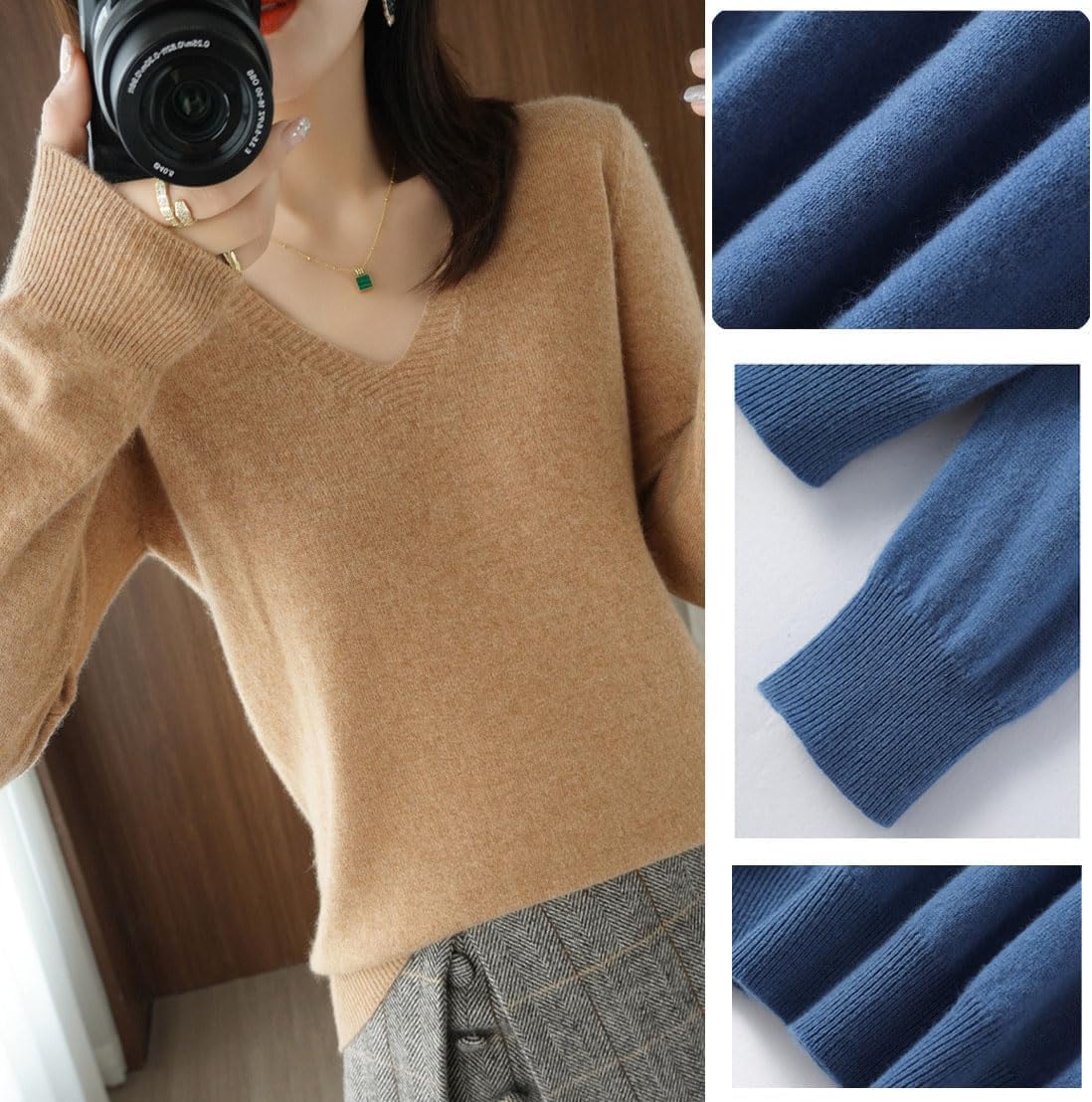 Kaschmirpullover Für Damen, Pullover Mit V-Ausschnitt Herbst Und Winter Pullover, Strickpullover Langarm Pullover Für Herbst Winter, 100% Wolle Kaschmir Damen Locker Lässig, Grün, L