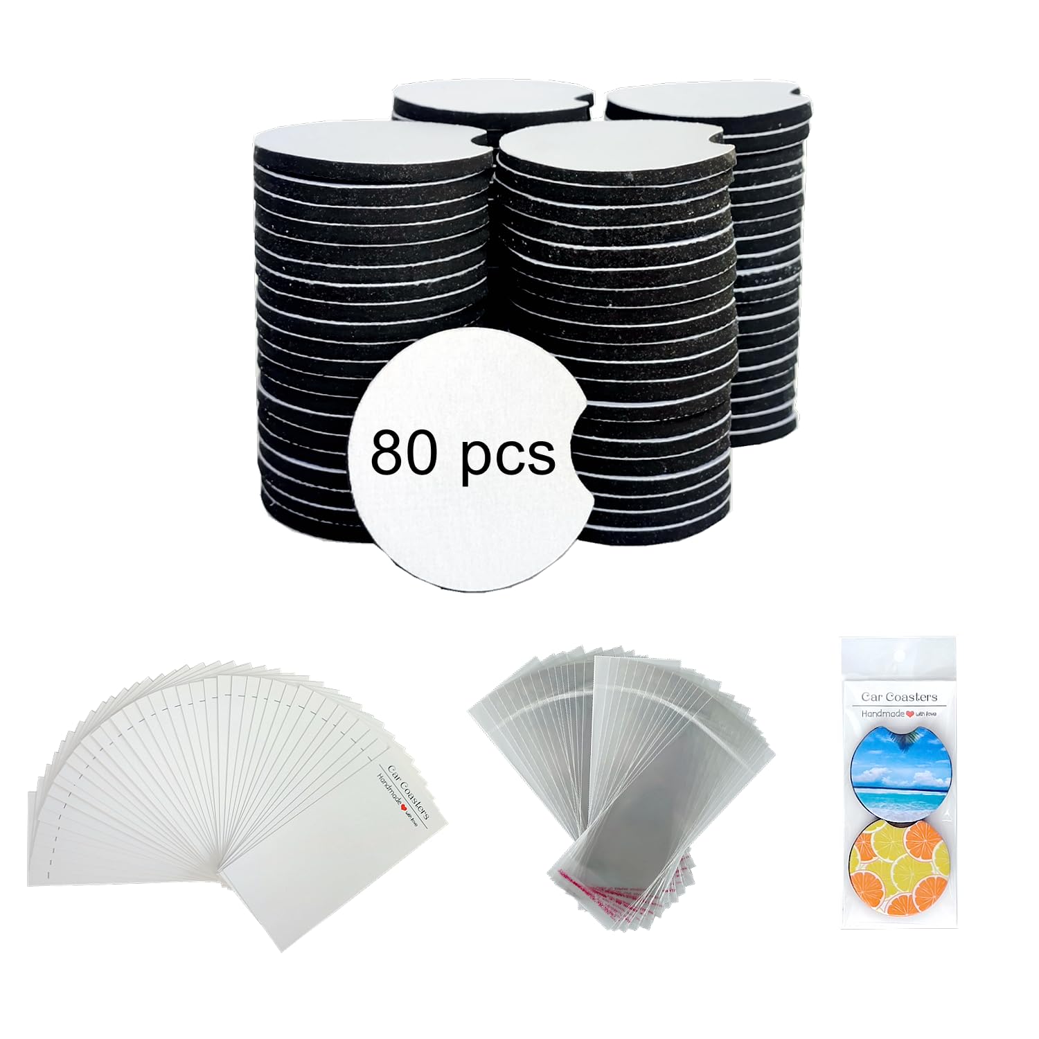 160PCS Sublimation Coasters Blanks, Round Car Coasters Sublimation Blanks Set, Car Coaster Packaging with Display Cards Bags, 4 Inch Blank Cup Mat for Sublimation Transfer Heat Press DIY Crafts