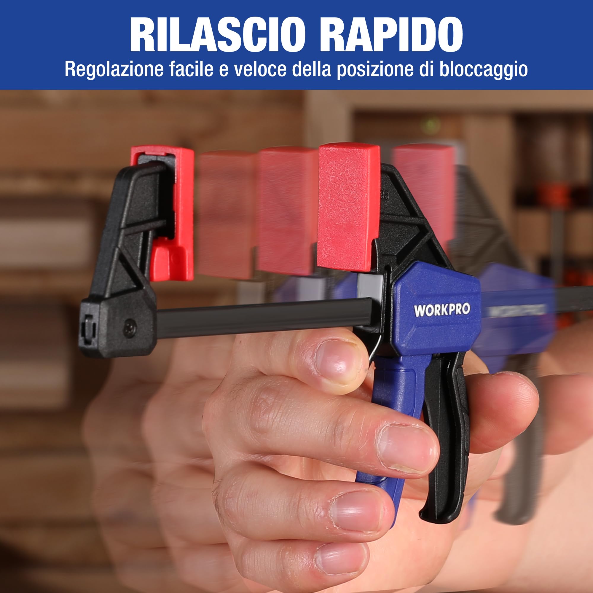 WORKPRO Set di 6 morsetti a mano singola 150 mm, forza di serraggio 22,5 kg/68 kg, apertura alare 150 mm, 4 classici e 2 mini morsetti per fissaggio preciso e lavorazione del legno