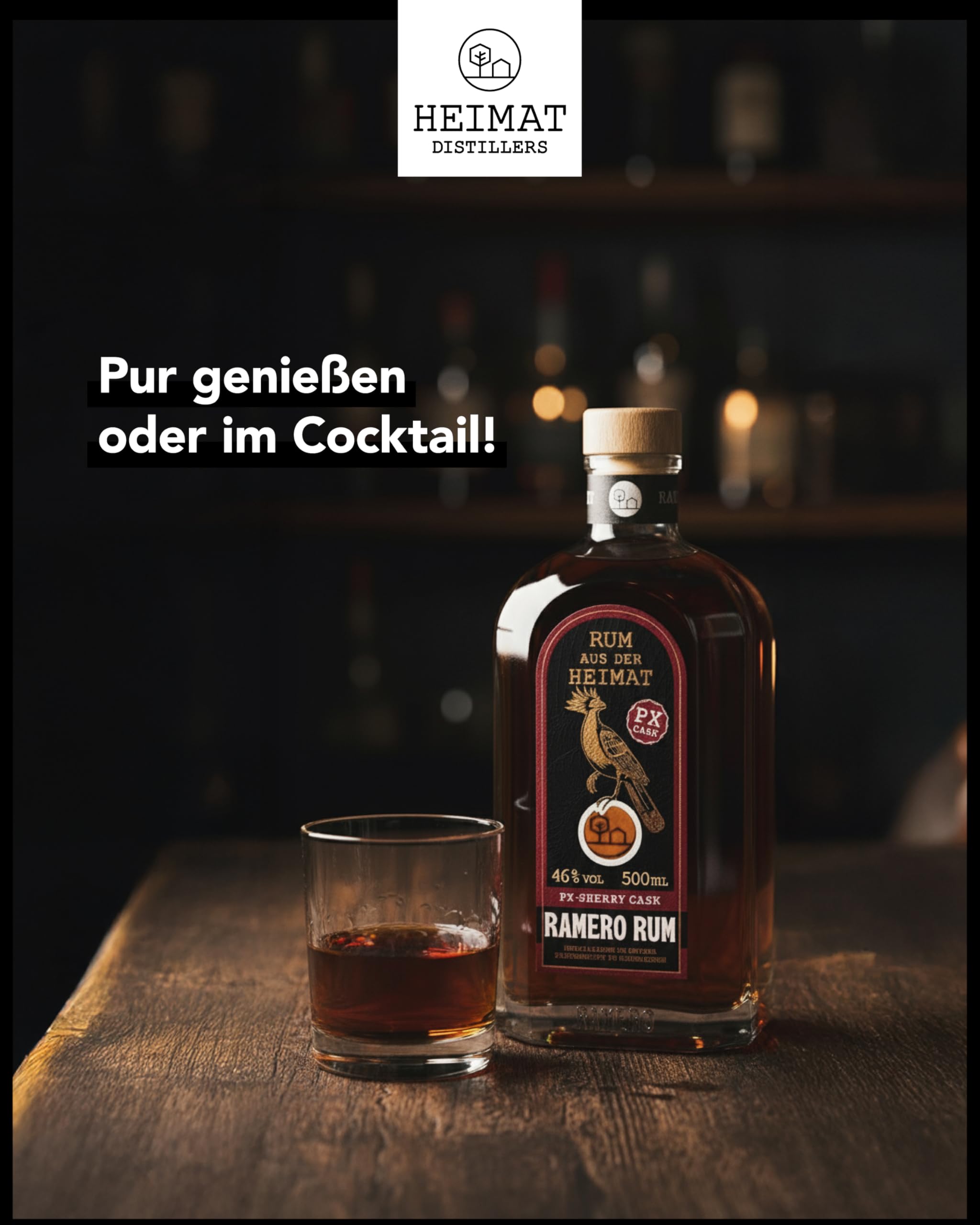 RAMERO PX Sherry Cask Rum 46% vol – Premium Rum aus Deutschland | weich & komplex mit Noten von Rosinen, Karamell & Schokolade | gereift in Pedro Ximénez Sherryfässern | 500 ml
