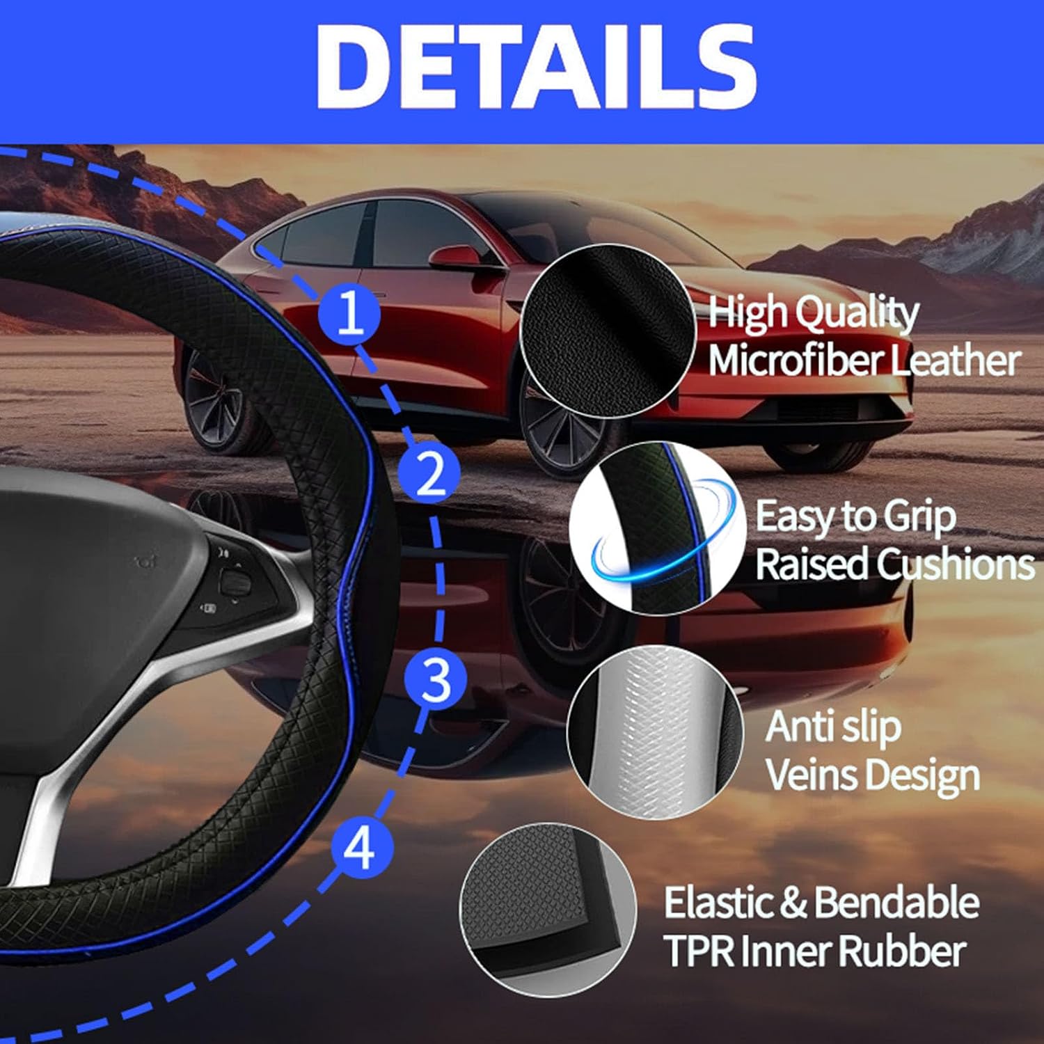 Steering Wheel Cover Set for Tesla Model 3/Y 2016-2025 2026, Nappa Microfiber Leather Steering Wheel Accessories Tesla Model 3/Y, Center Console Cover, Seat Belt Cushion, Cup Coasters, 6 PCS Blue