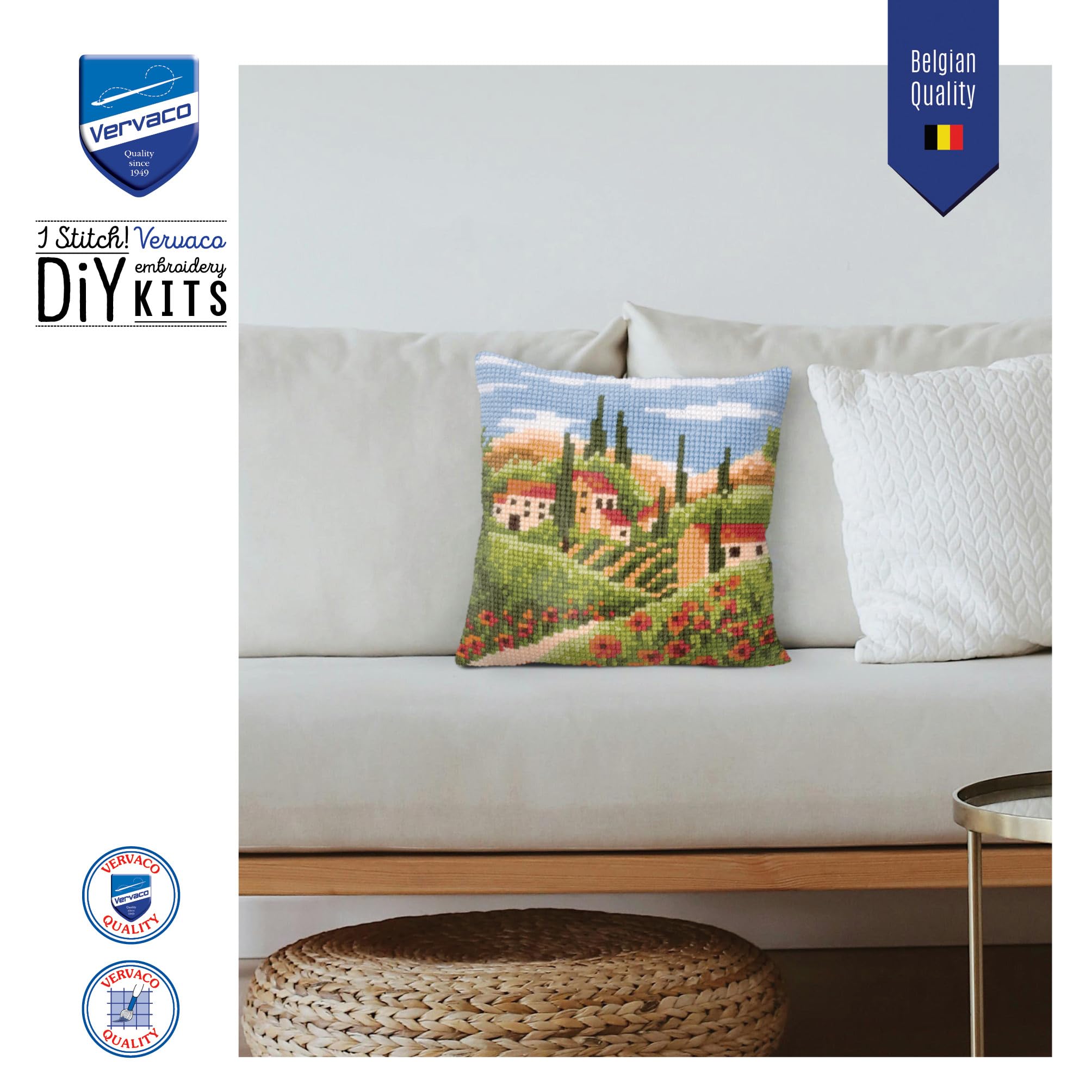 VERVACO Kreuzstich Stickpackungen Kissen Stickerei Set Anfänger Vorgedruckt Landschaft i.d. Toskana DIY Set Kreativ Set Für Erwachseneca. 40 x 40 cm Bastelset Handwerker Haus Dekoration