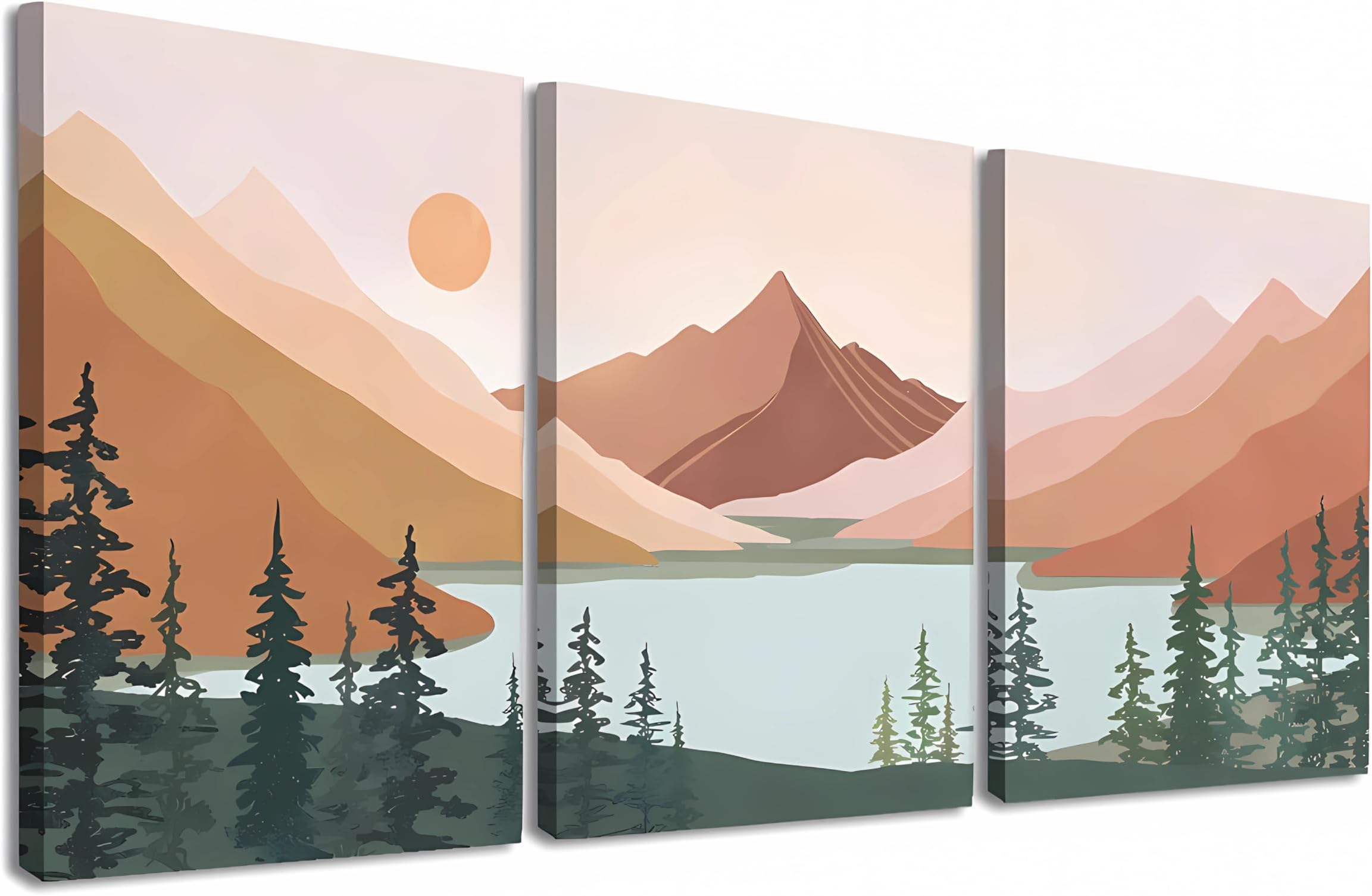 𝐒𝐓𝐎𝐑𝐄𝐅𝐋𝐈𝐗 3Pcs Set Modern Abstract Canvas Print Boho Wall Art Geometric Mountain Forest Lake Abstract Nature Illustrations Modern Art Nordic Decorative 40X60 cm Framed
