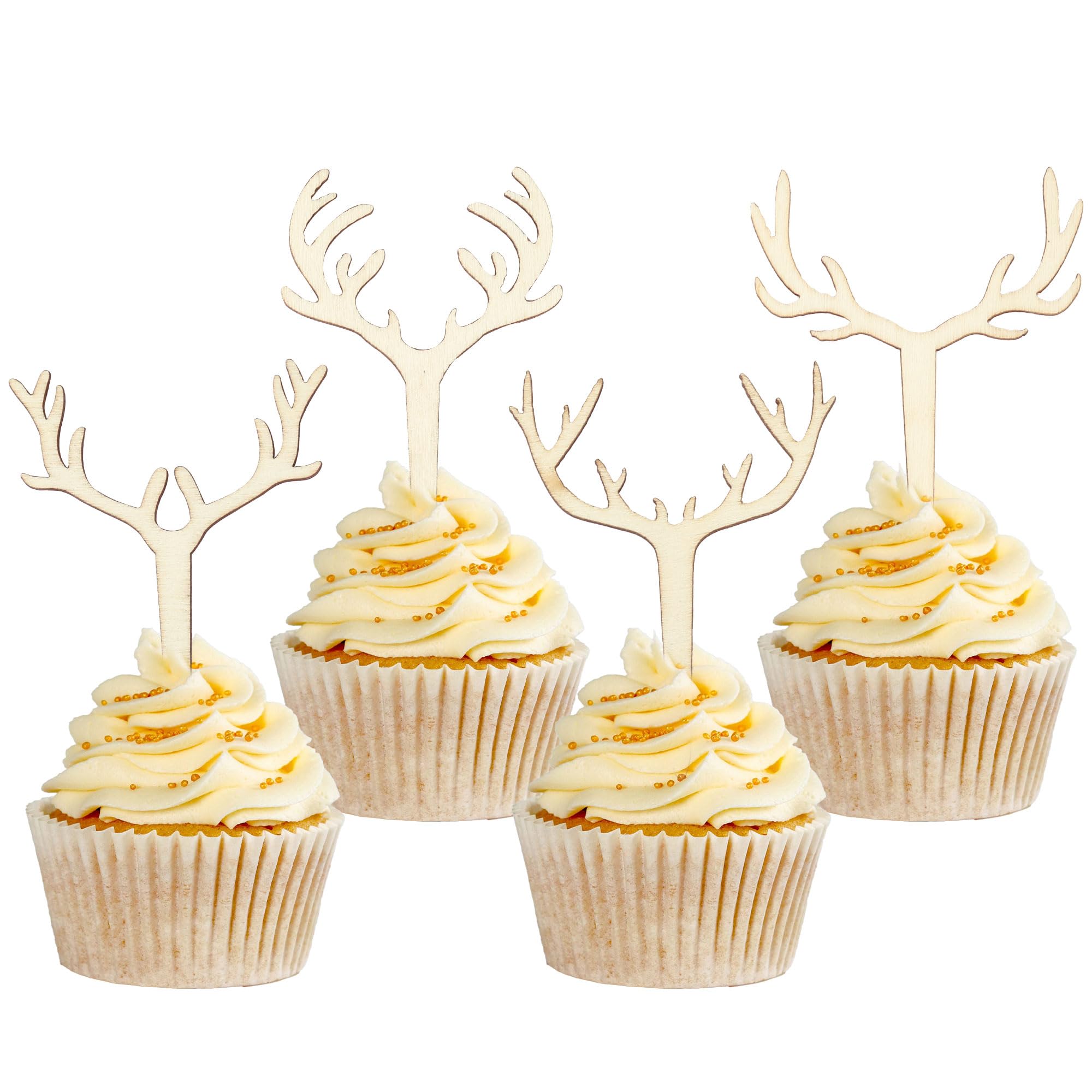 Gyufise 24Pcs Deer Antler Cupcake Toppers Wooden Glitter Antler Cake Picks Merry Christmas Cake Decorations Wedding Baby Shower Birthday Hunting Xmas Holiday Party Cake Decoration Supplies