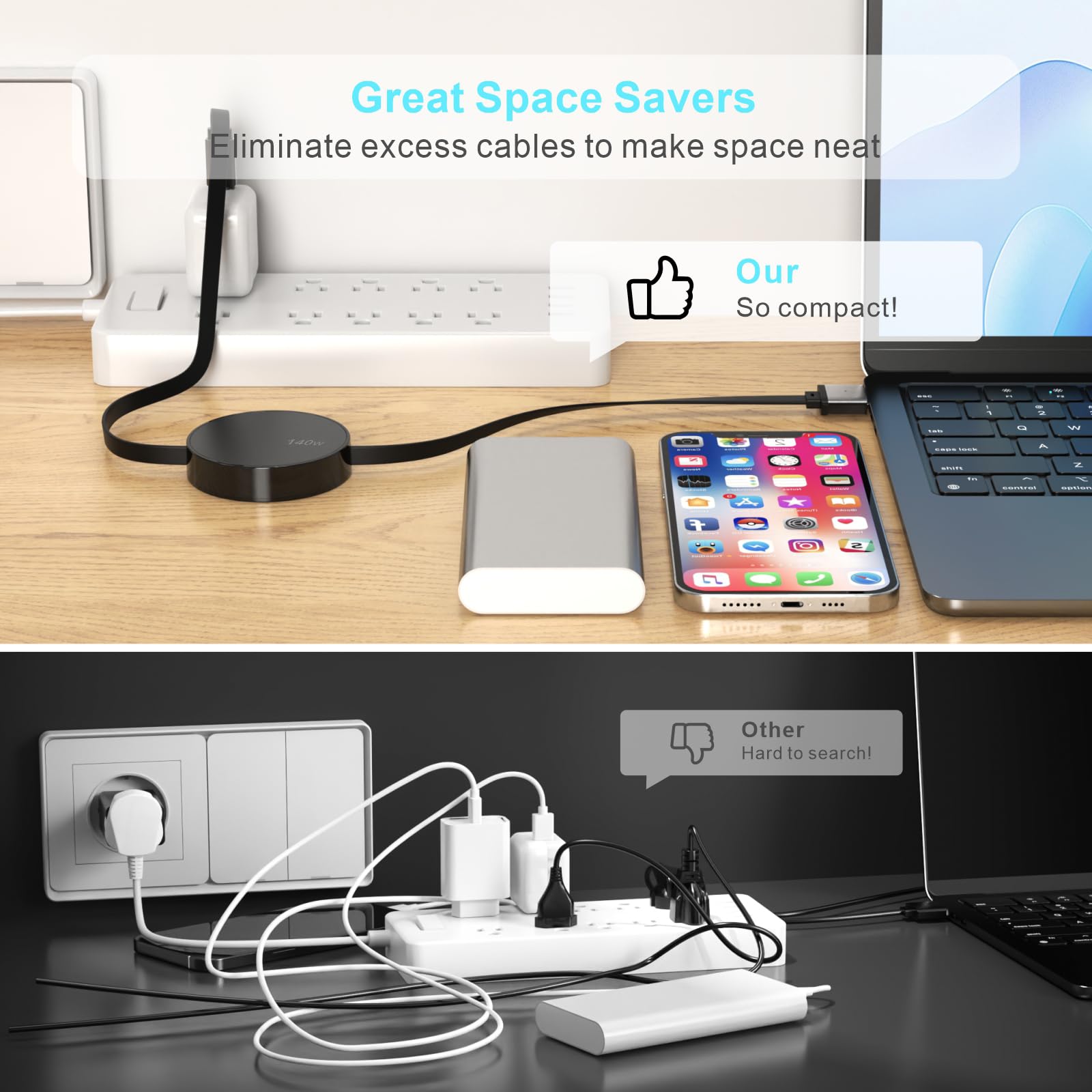 Cavo retrattile da USB-C a magnetico 3, 140 W, compatibile con cavo Magsafe 3 per MacBook Air 2024 M3 13/15", 2023/2022 M2, Pro 2024/2023 M4/M2 Pro e Max 14" 16", 2021 M16 & Max 3 5,6 cm, 40,6 cm