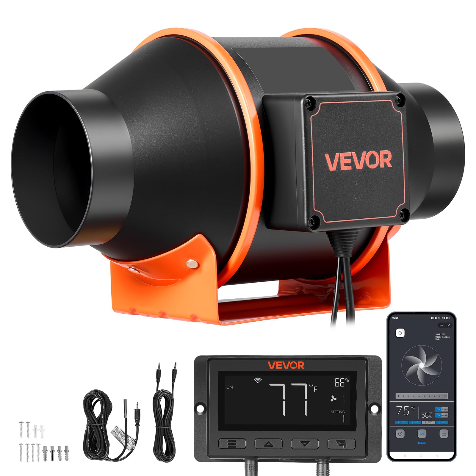 VEVOR 101,6mm Rohrventilator Regelbar, 349m³/h Inline-Rohrlüfter mit PWM & App-Steuerung, Kanalventilator mit 10 Stufen 9h Timer EC-Motor, Abluftventilator für Gewächshaus Badzimmer Keller Rauchabzug