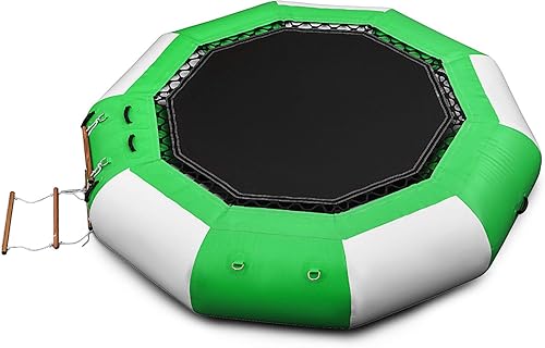 Happybuy Inflatable Water Trampoline, Round Inflatable Water Bouncer with Escalator, Water Trampoline in Blue and White for Water Sports.