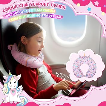 Thyle 2 Set Unicorn Neck Travel Pillow for Kids and Eye Mask Lightweight Travelling Sleeping Pillow Set for Airplane, Car, Train, Bus and Home Use Support Blindfolds