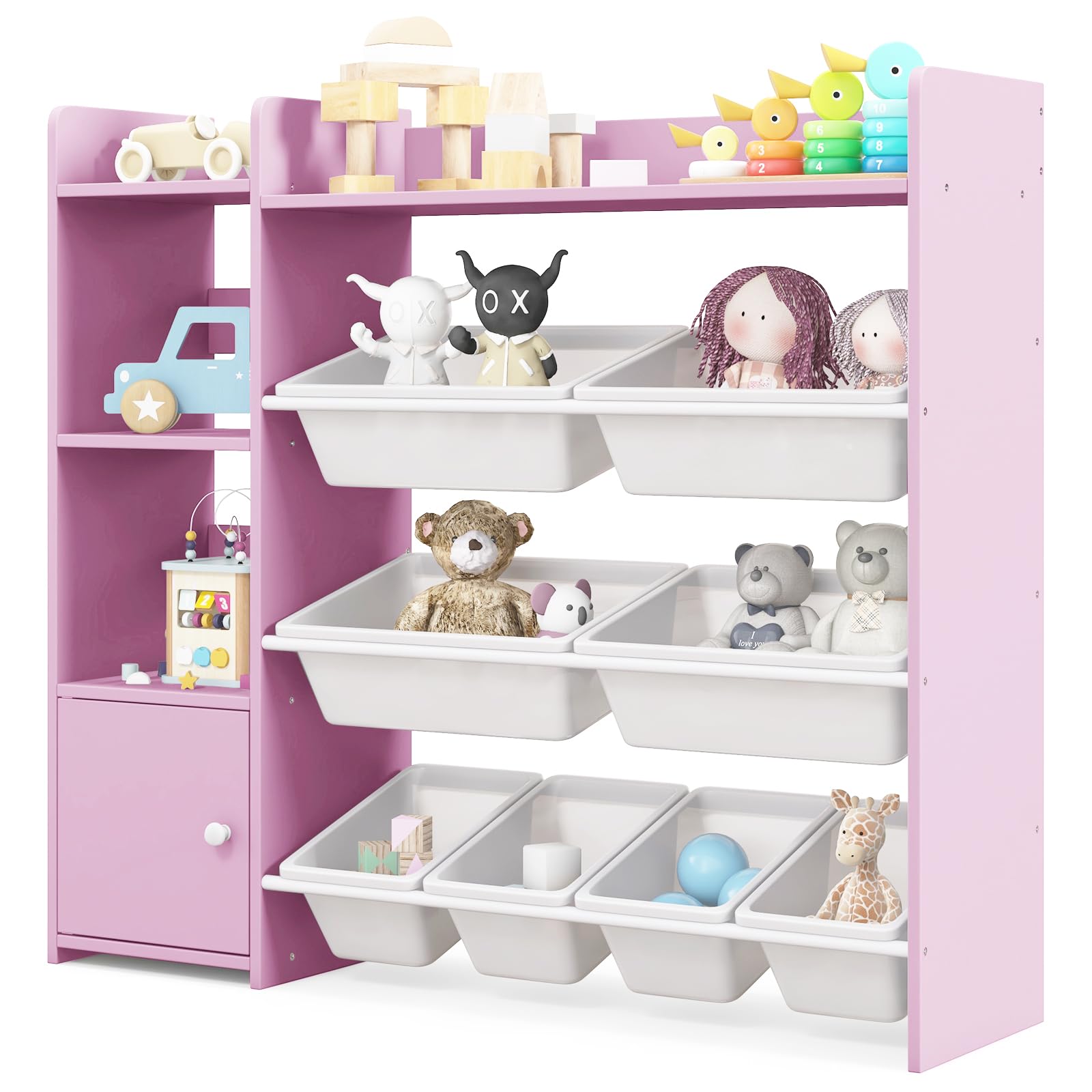 GYMAX Organizzatore per giocattoli, libreria a 4 ripiani per bambini con 8 cestini, ripiani aperti e armadio chiuso, libreria per bambini per stanza dei giochi, camera da letto, asilo (rosa)