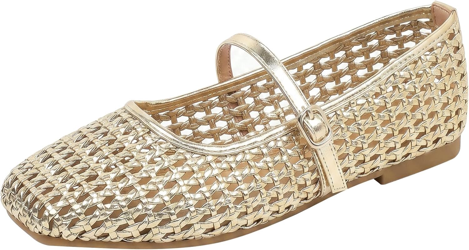 Women's Mesh Mary Jane Ballet Flats Square Toe Slip On Breathable Comfortable Dressy Casual Walking Shoes