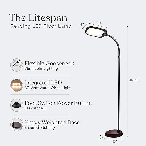 Vista 2 de Brightech Litespan - Lámpara LED de lectura de pie delgada, moderna lámpara alta con cuello de cisne ajustable para salas de estar y oficinas, luz
