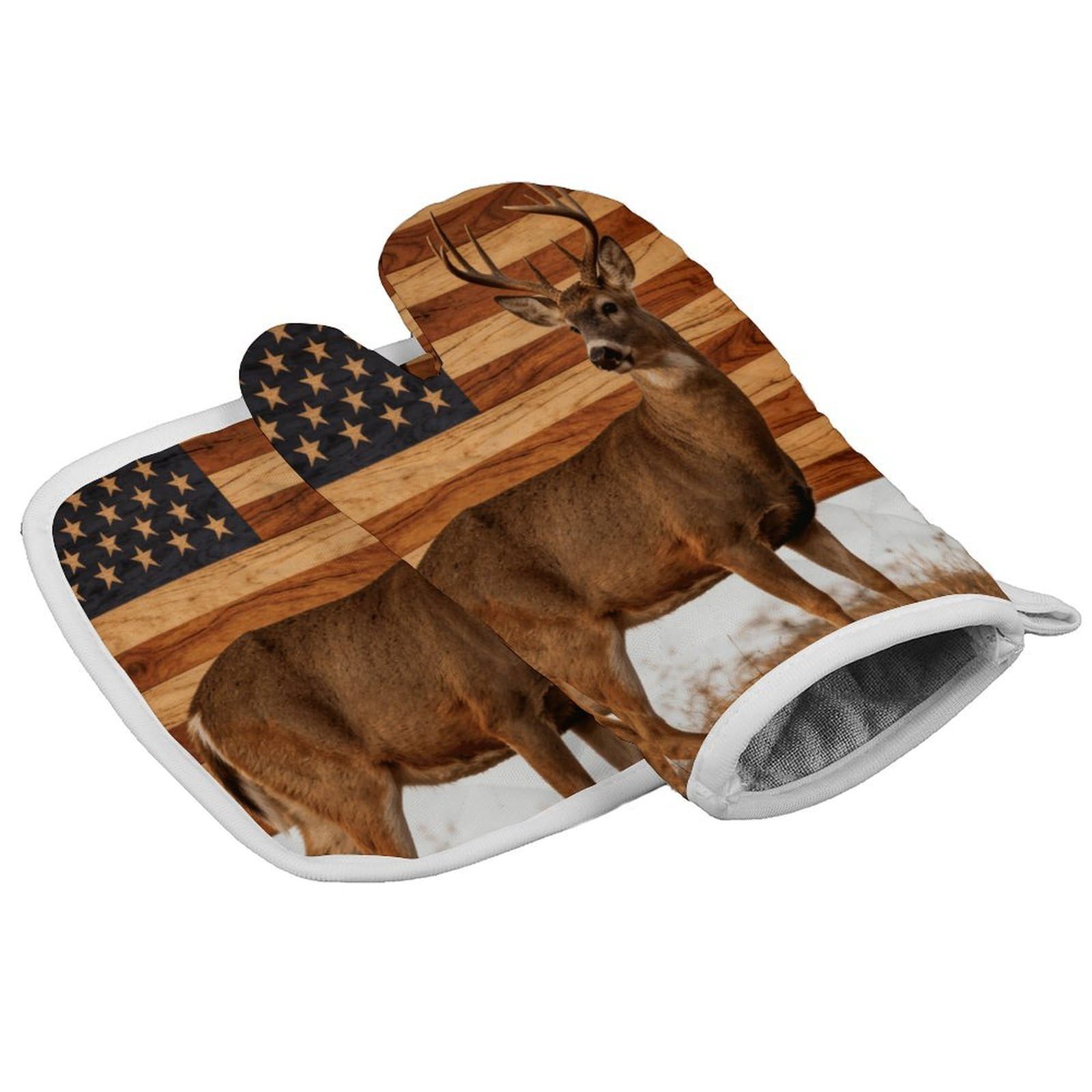 Fodpand Style Wood Grain American Flag Hunting Deer Oven Mitt Set With Lanyard, Cooking Mitt, Protective Thermal Insulation,Kitchen Mitt For Baking, Cooking, Grilling, Microwave