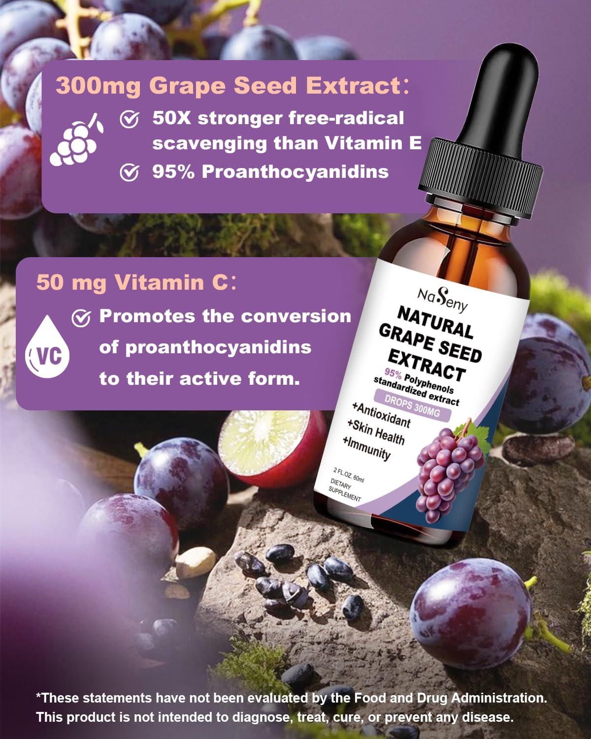 Natural Grape Seed Extract Drops-300 mg Grape Seed Extract Liquid Supplement - Maximum Strength Vitis Vinifera Seed Tincture, Standardized to 95% Polyphenols, Non-GMO, Gluten Free (60ml) - Image 2