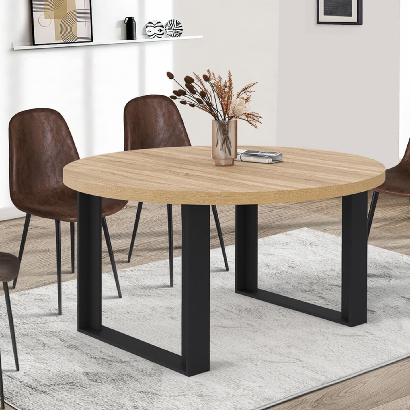 IDMarket - Mesa de comedor redonda extensible Phoenix 6-10 personas madera y negro 140-200 cm