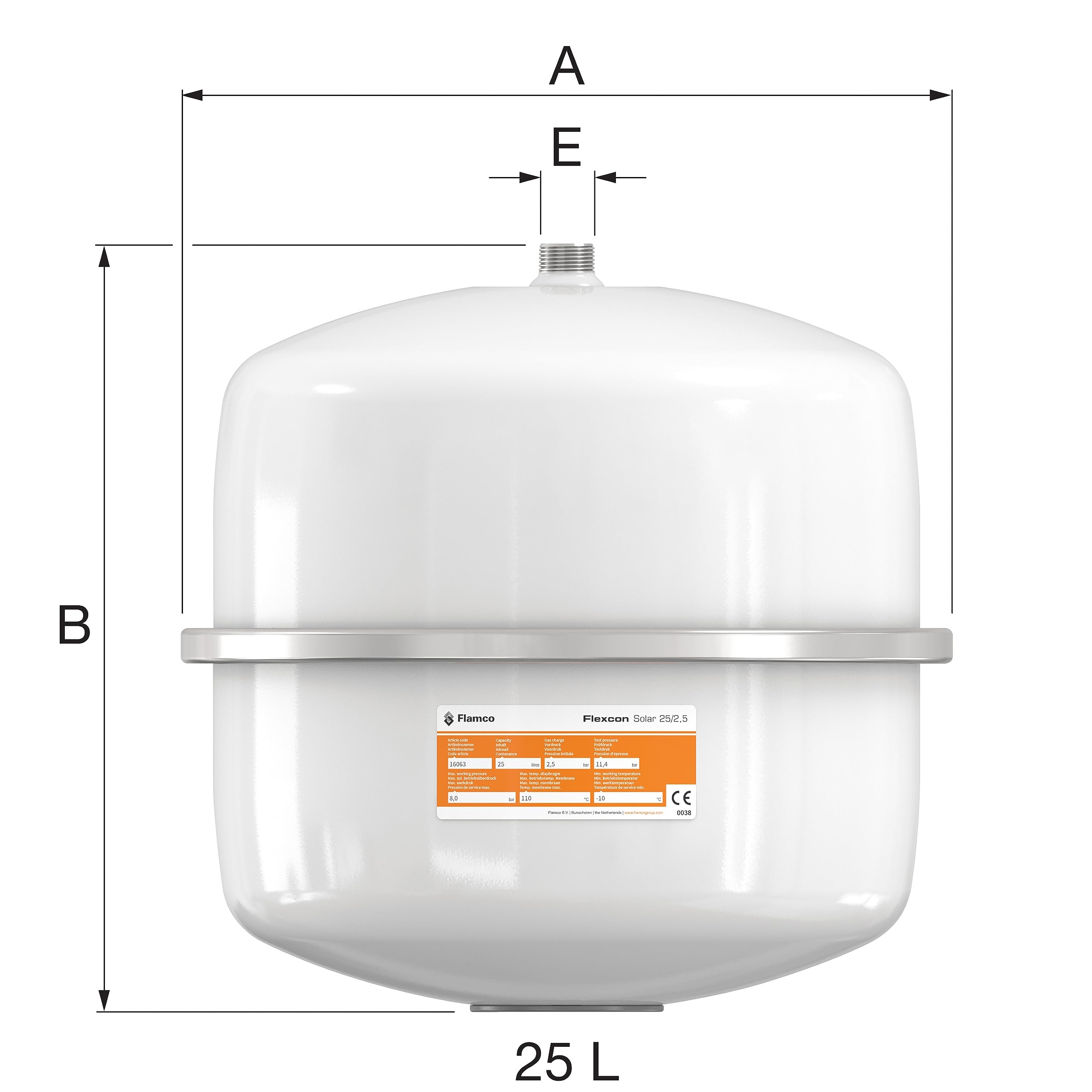 Vaso di espansione per impianti a energia solare Flexcon Solar, rif. 8 - 80Flexcon Solar 25 diametro:raccordo 3/4”, capacità 25 l. precarico 2,5 bar.