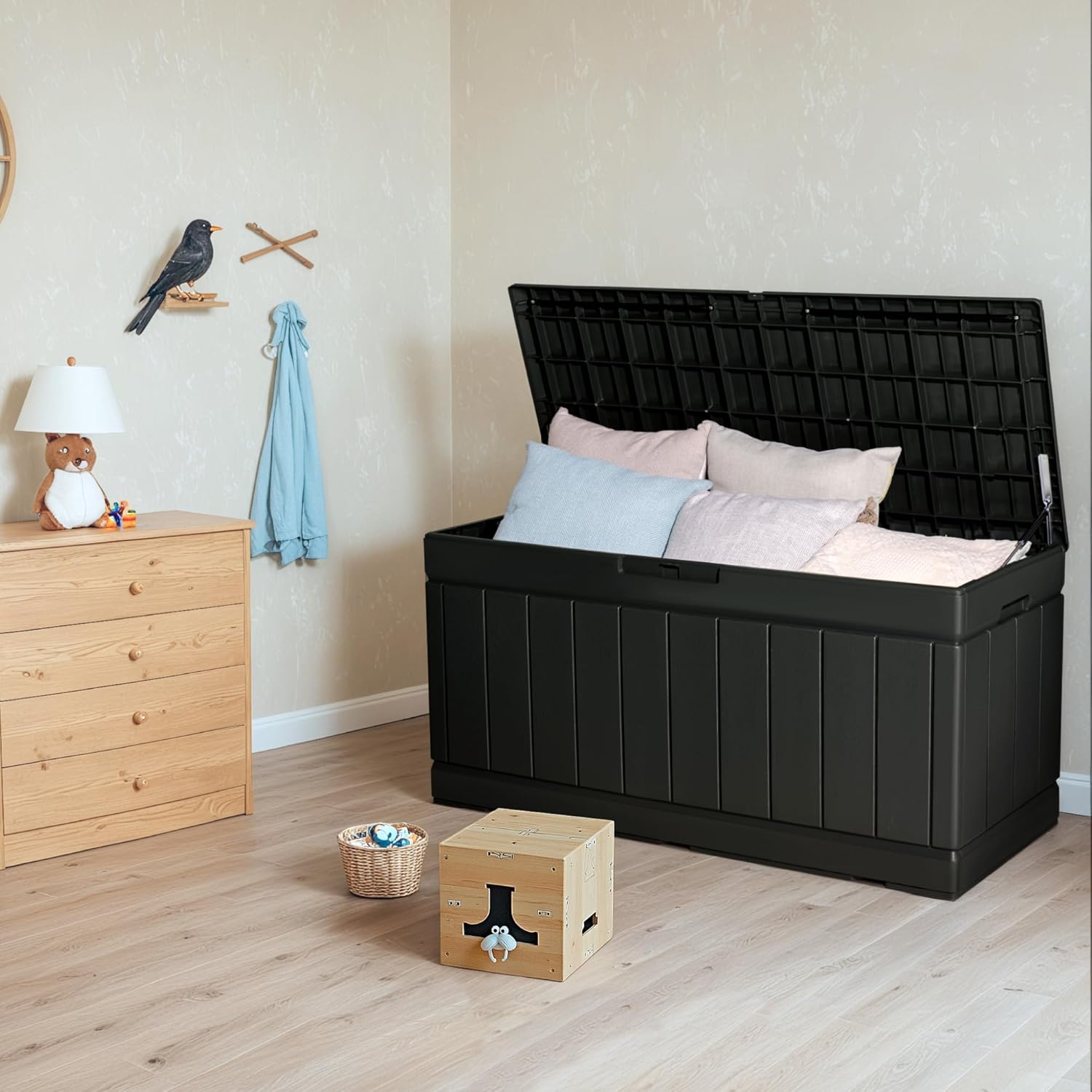 YESHOMY Storage Chest, Entryway Resin Shoe Bench with Hydraulic Bracket Flip Lid, Side Holder, Supports 450 lbs for Bedroom, Living Room, Lockable, Black