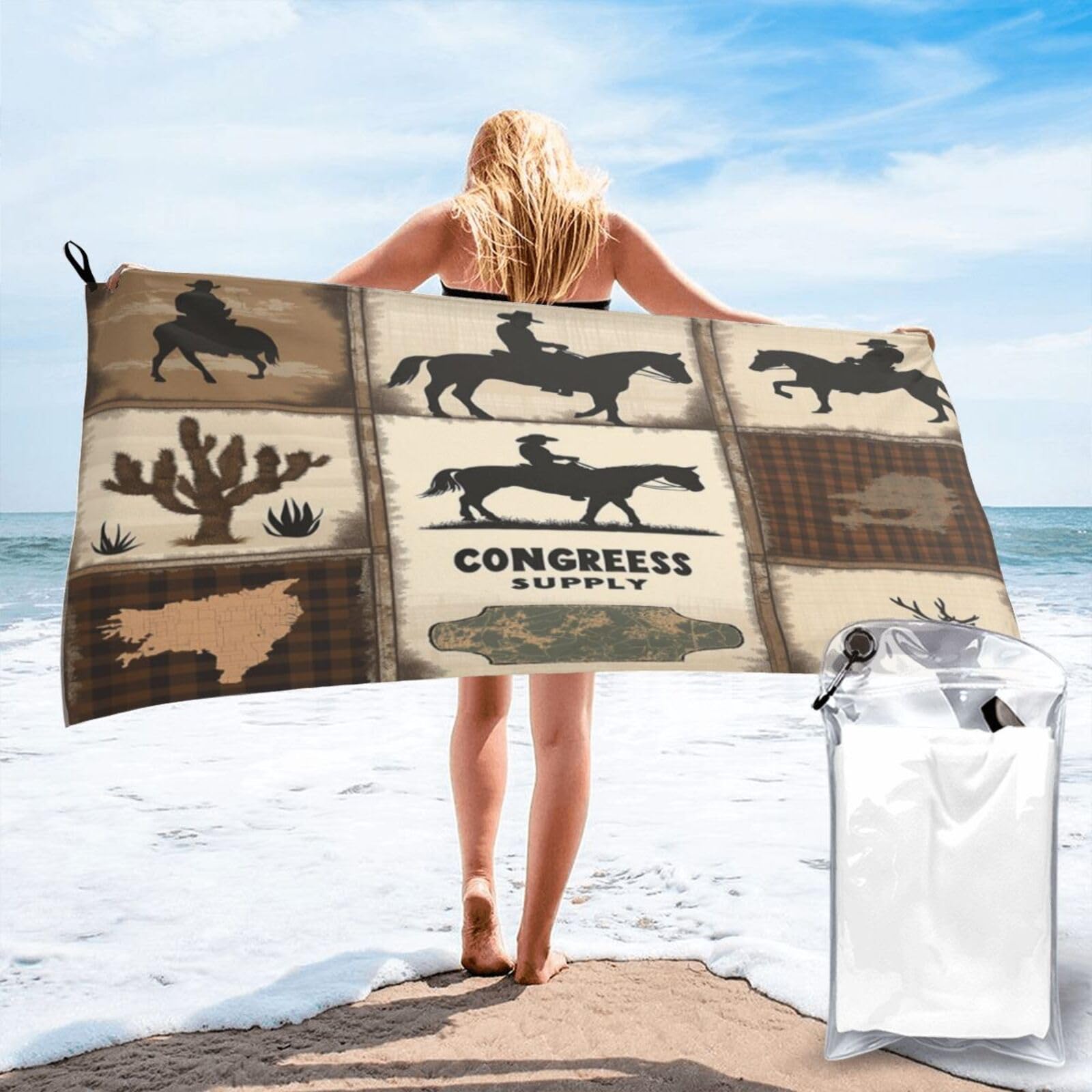 Anceky Western-Themed Congrats Supper Silhouette Poster Quick Dry Microfiber Travel Towel with Carry Case and Carabiner 27.5"X55"