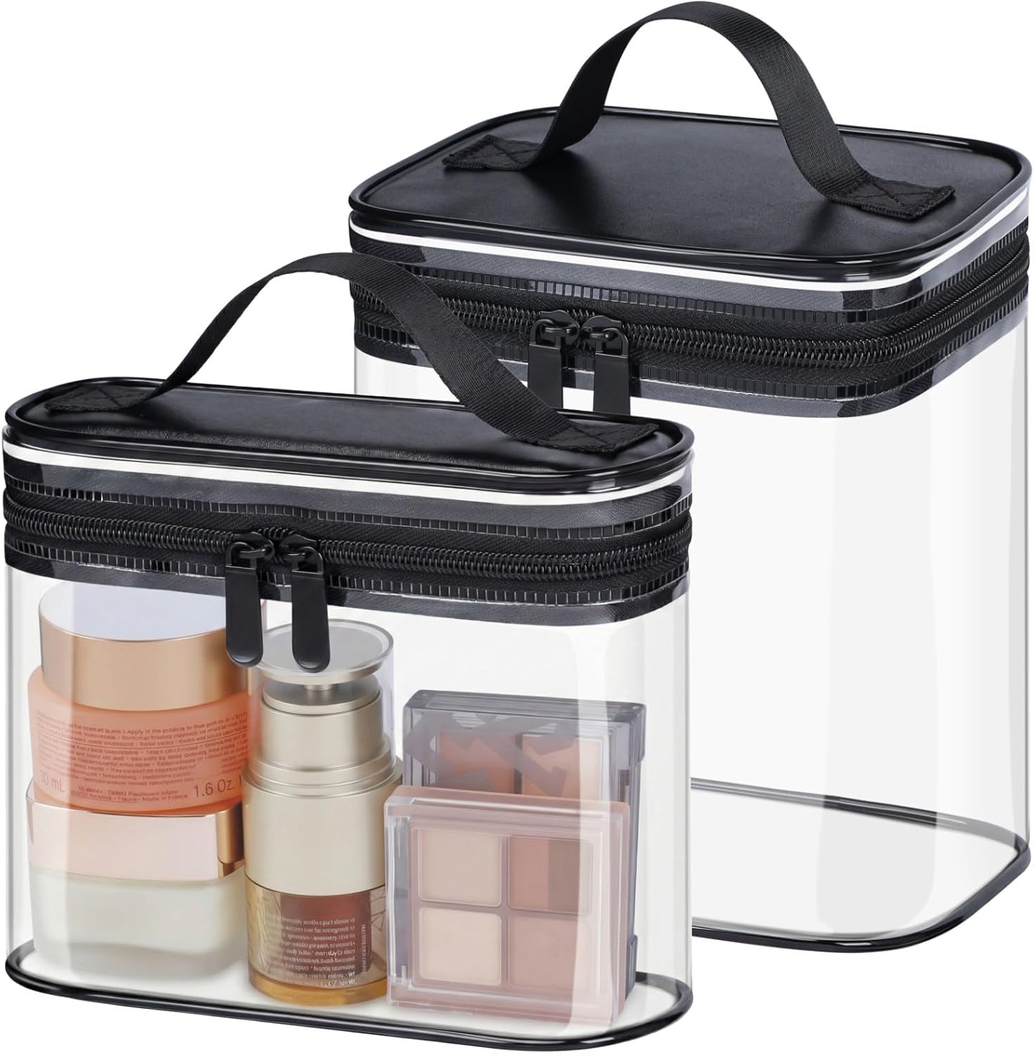 PACKISM Clear Toiletry Bag Combo Pack - 1 TSA Approved Medium & 1 Large Makeup Bag for Checked Luggage, Clear PVC Travel Bag with Handle, Dual Metal Zippers, Water Resistant Large Opening, Black