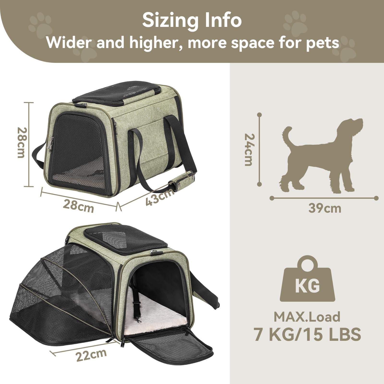 Kattentransportbox, veilige en solide opvouwbare transporttas kat, aan alle kanten geventileerd hondentransportbox, huisdierenbed binnen, 44 x 25 x 28 cm, 1 kg, Oxford-stof, grijs