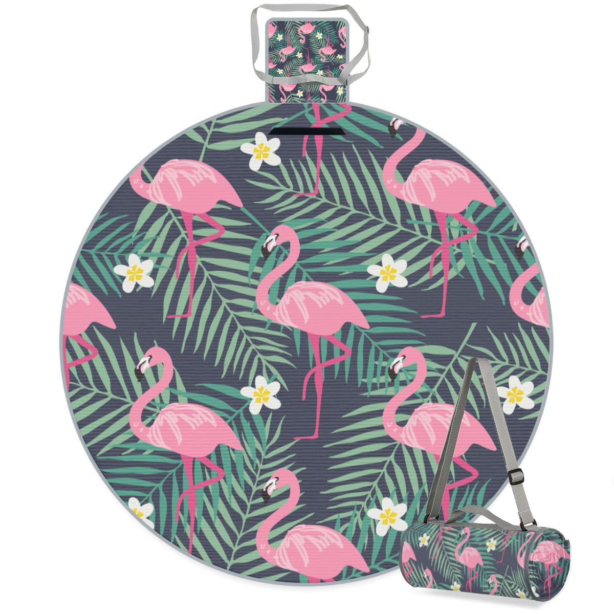 Shimoshe Palm Leaf Flower Flamingo Picnic Outdoor Blanket Foldable Waterproof Sandproof Beach Blanket Portable Water-Resistant Round Picnic Mat for Travel Camping Park Lawn