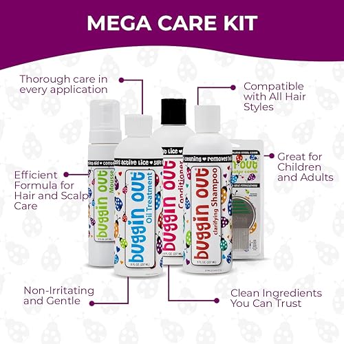 Miniatura 4 de buggin out Mega Care Kit de piojos  Rutina completa con mousse, aceite, champú clarificante, acondicionador y peine  Cuidado suave para el cuero