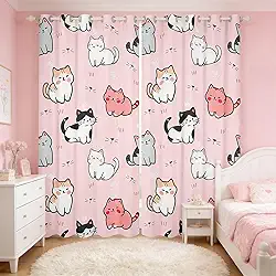 Cortinas blecaute rosa para gatos – tema de animais kawaii, 190 cm L x 134 cm, perfeitas para crianças e animais de estimação, tratamentos de janela de gatinhos coloridos