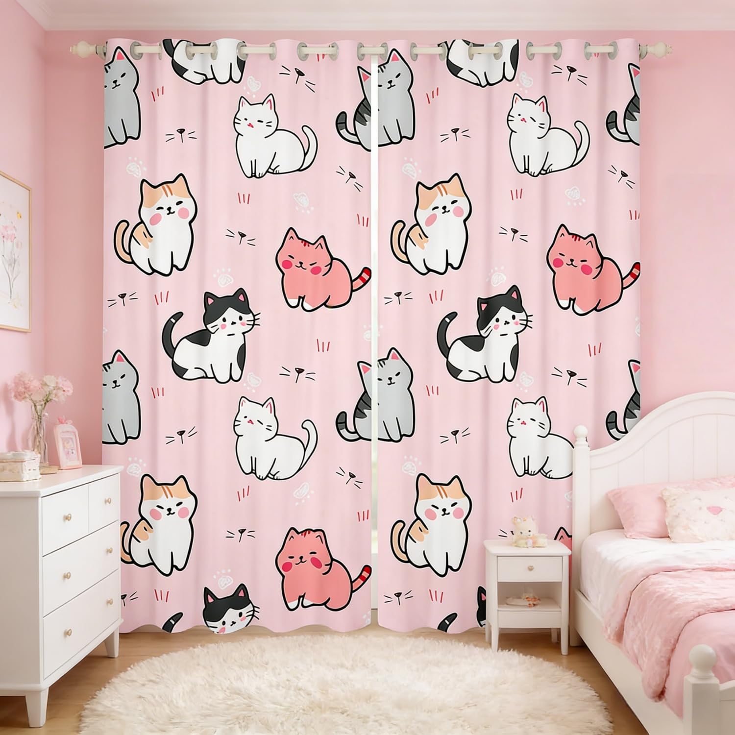 Erosebridal Cute Cat Curtains Pink 84Wx84L Blackout Velvet Cat-Themed Curtains for Girls Bedroom & Living Room