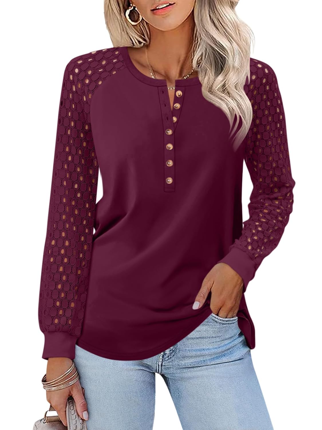 Minetom Women's Lace Long Sleeve Tops Henley Shirts Casual Blouses T Shirts Fall Clothes - Review, Price and Buying Guide