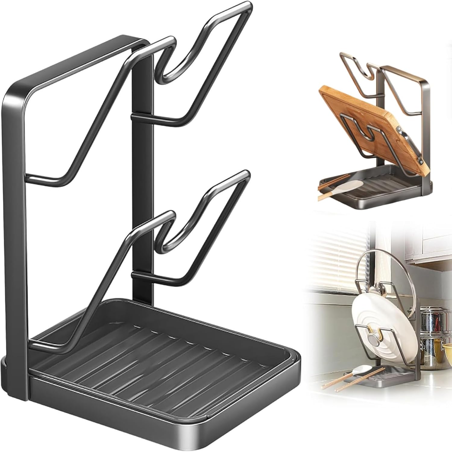 Multifunctional Stainless Steel Pot Lid Organizer with Drip Tray Multifunctional Stainless Steel Pot Lid Organizer with Drip Tray