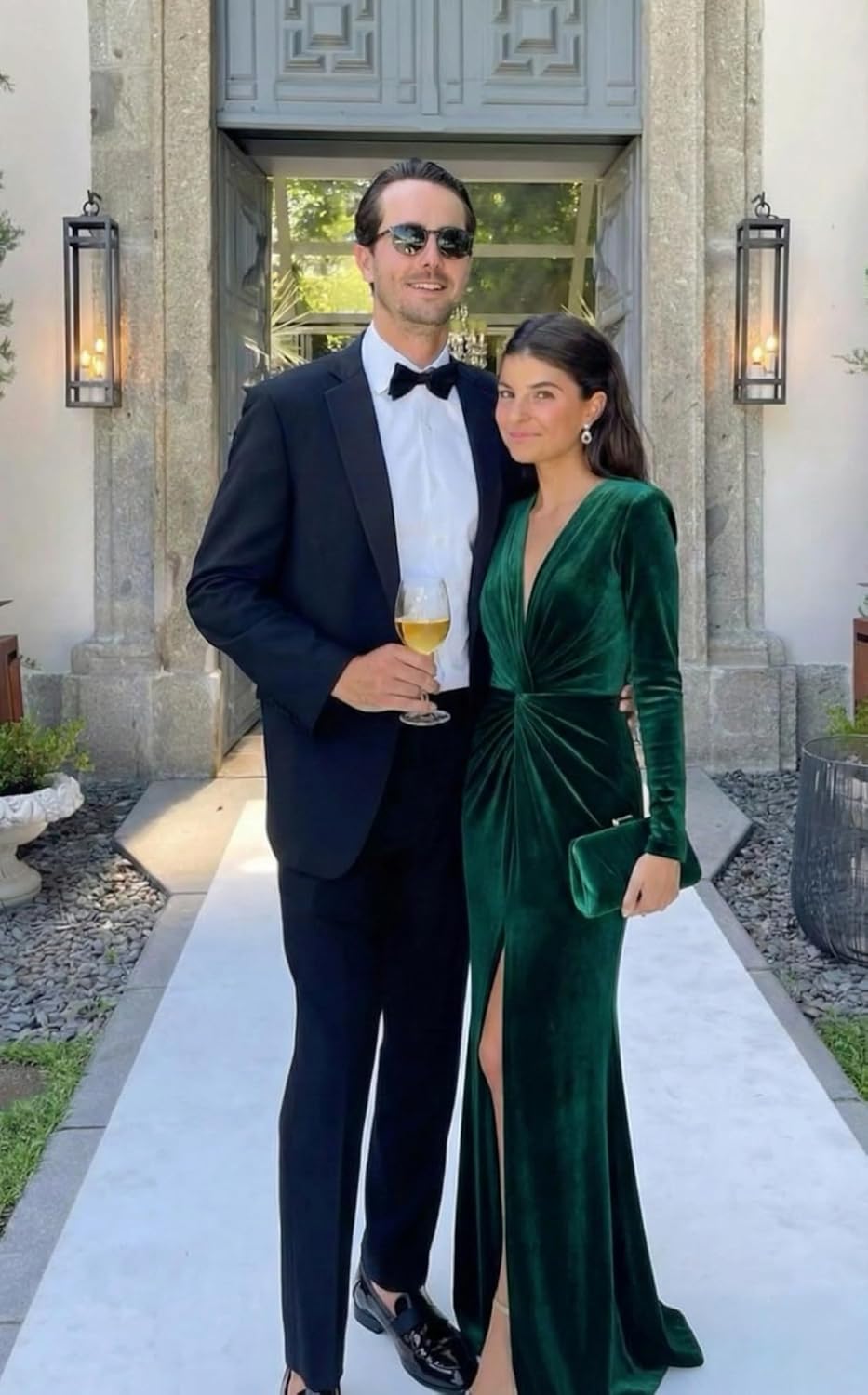 Velvet Formal Dresses for Women with Sleeves Pleats V Neck Maxi Wedding Guest Dress with Slit L01036 - Image 7