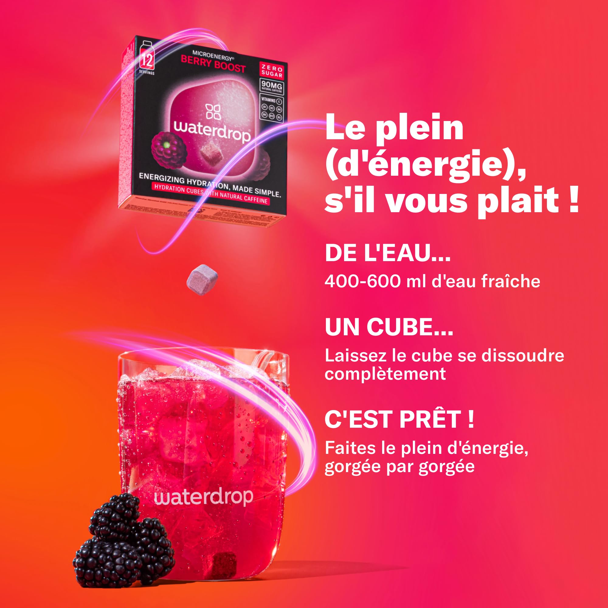 waterdrop® Coffret Microenergy, Boisson Énergisante Sans Sucre, Boisson Gazeuse aux Arômes de Mûre, Mangue et Cerise, 36 Cubes Effervescents avec 90 mg de Caféine Naturelle, Vitamines B et C