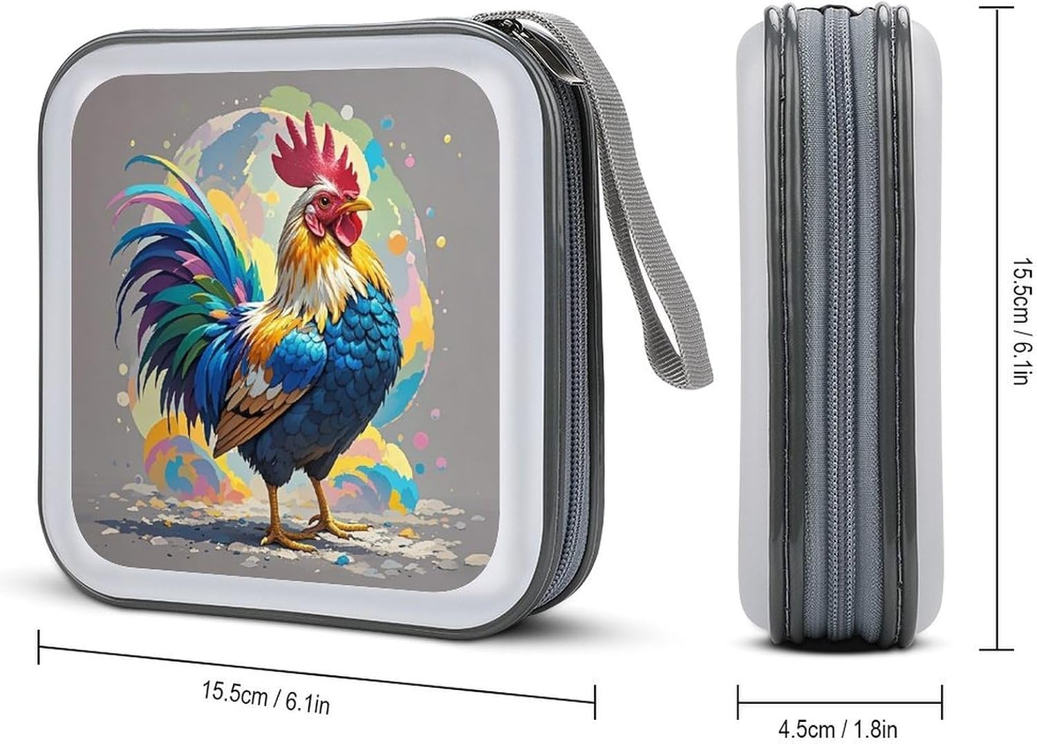 Art Colorful Chicken CD Case 40 Capacity DVD Case Holder Hard Plastic DVD Disc Storage Binder for Car Portable Zipper Disc Storage Organizer Wallet Bag for Home Travel image 2