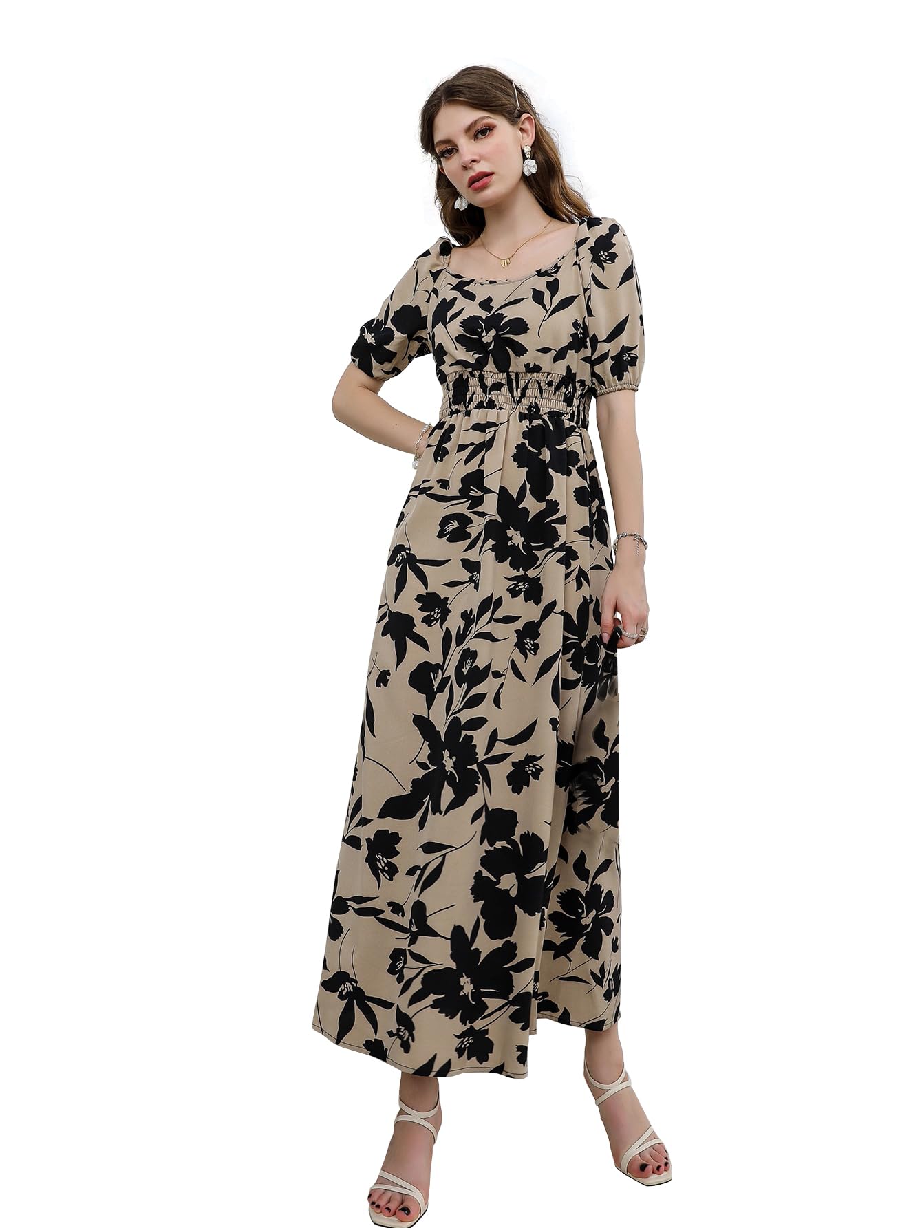 Avanova Creap Beige & Black Boat Neck Maxi Western Dresses For Women (Dress 86 Chikku S)