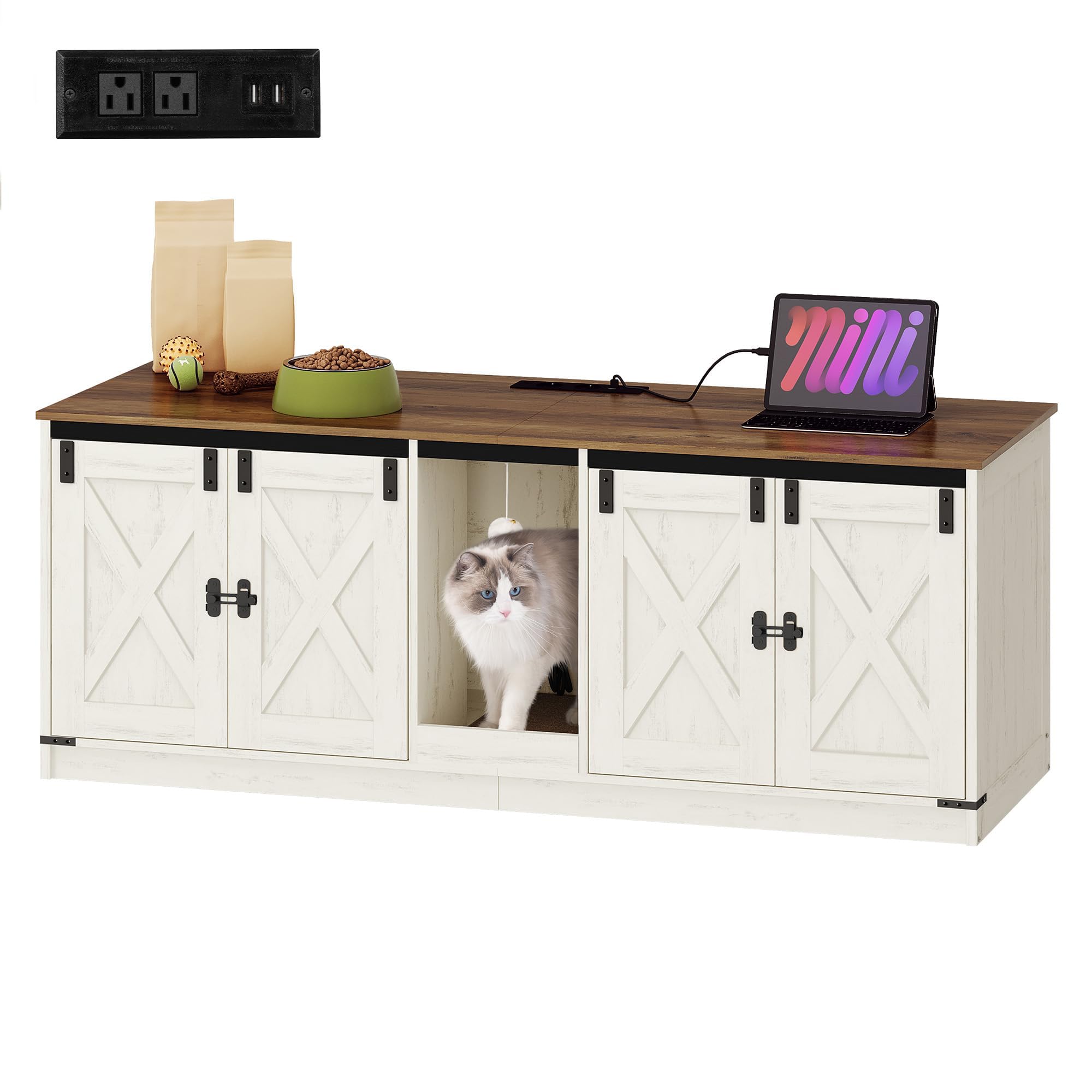 Hzuaneri Cat Litter Box Enclosure for 2 Cats, Hidden Litter Box Furniture Cabinet with Double Room, Indoor Cats House with USB Ports & Power Outlets,