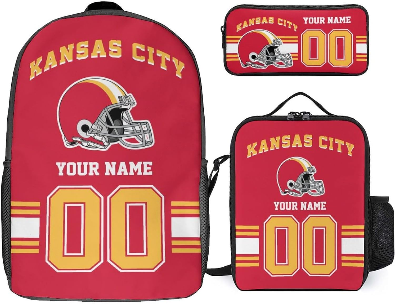 Custom Kansas City Backpack with Lunch Bag Pencil Case, Personalized Name and Number Backpacks Pencil Box Lunch Bags, Customize 3pcs Set Gifts for Men Women Fans