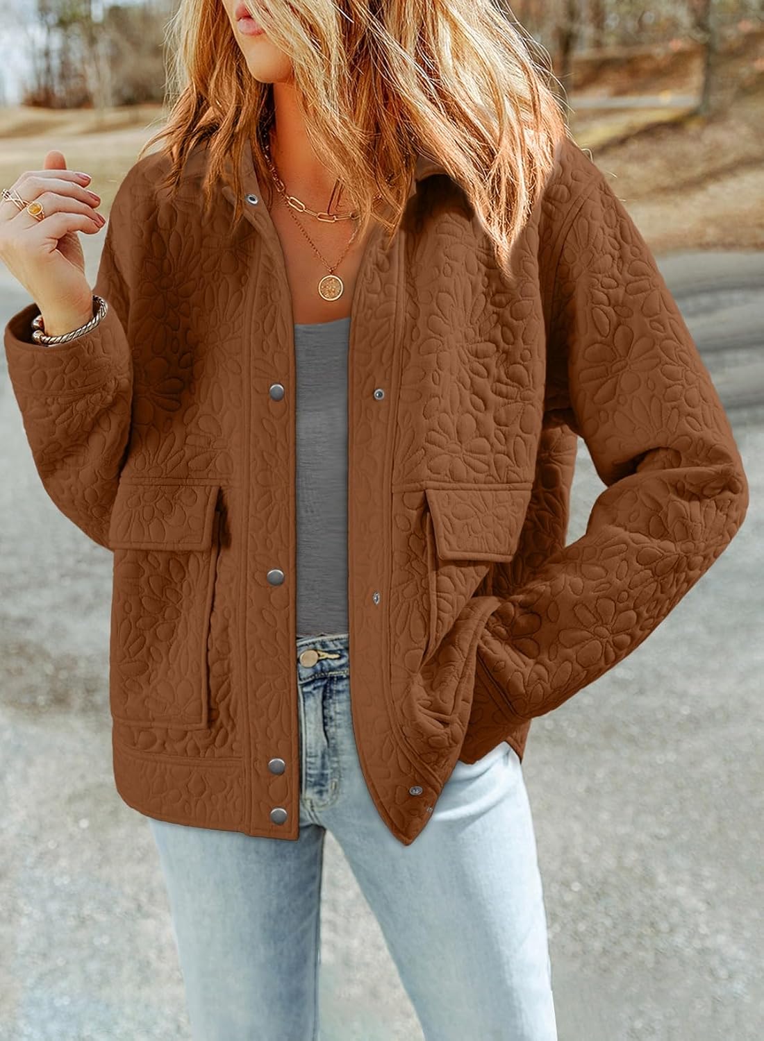 Dokotoo Jackets for Women Casual Long Sleeve Collared Jacquard Coats Trendy Button Down Shacket Jacket with Pockets - Image 3