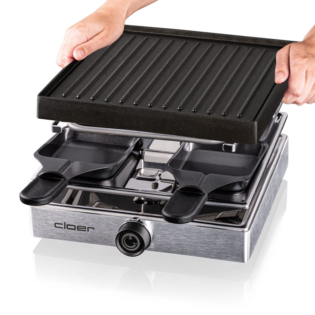 Cloer 6454 Raclettegrill mit Aluminium-Druckguss Platte, 750 W, 4 antihaftbeschichtete Raclettepfännchen, Kunststoffspachtel, unbeheizter Parkplatz, Aluminium