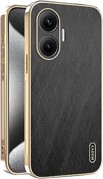 ILING Case for Xiaomi POCO F7 5G, Unique Brushed Metal Design, Leather Skin Phone Case, Ultra-thin Soft Silicone TPU Bumper Shockproof Cover Black
