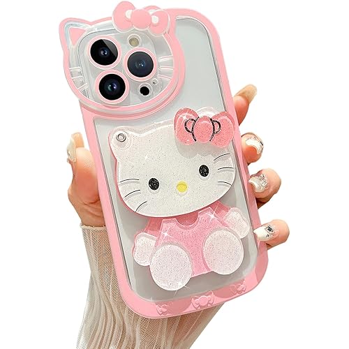 Cute Cartoon Case for iPhone 12 Pro Max 6.7 inch, 3D Bow Kawaii Pink Cartoon Cat Case with Glitter Face Makeup Mirror for Women Girls Soft Silicone Clear Protective Phone Cover, Pink
