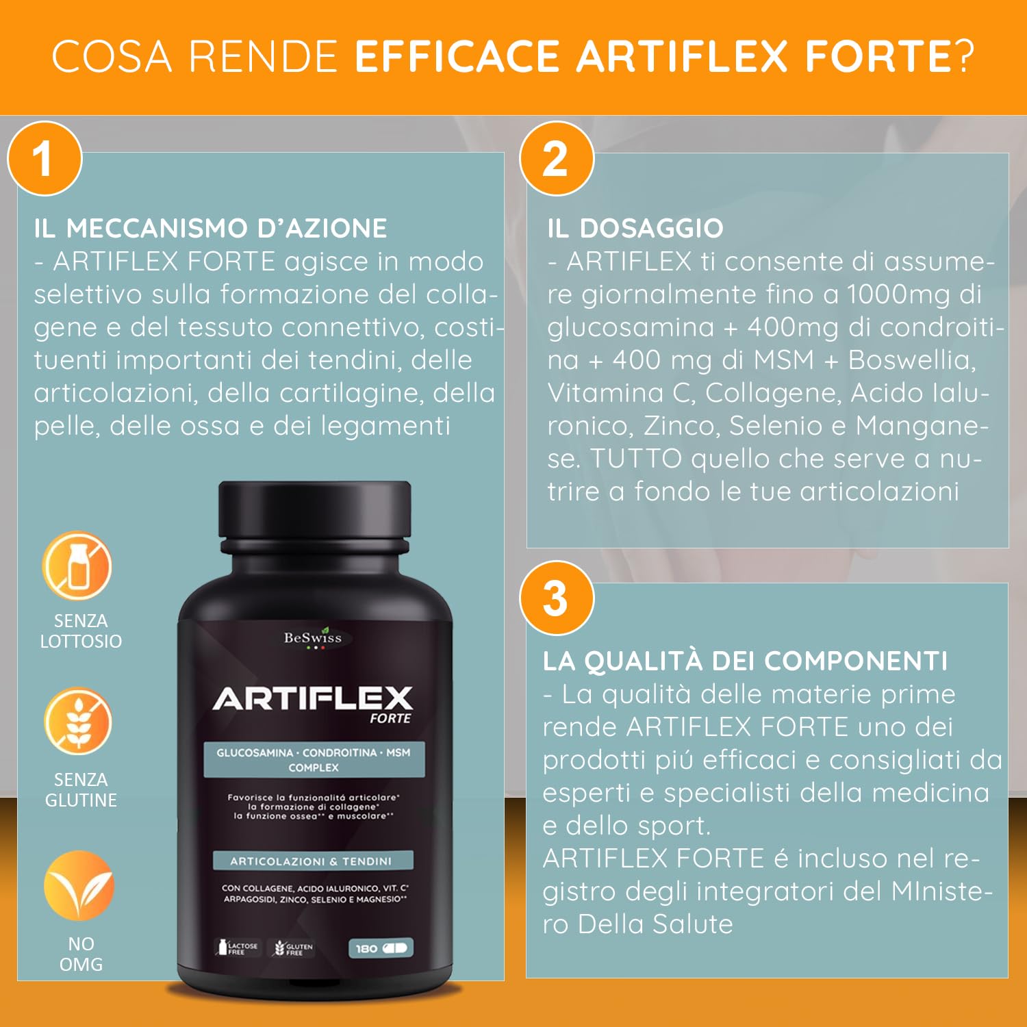 Artiflex Glucosamina Condroitina MSM - 180 Capsule Integratore per Ossa Articolazioni Cartilagine | con Collagene, Acido Ialuronico, Boswellia, Vitamine e Minerali | Alto Dosaggio