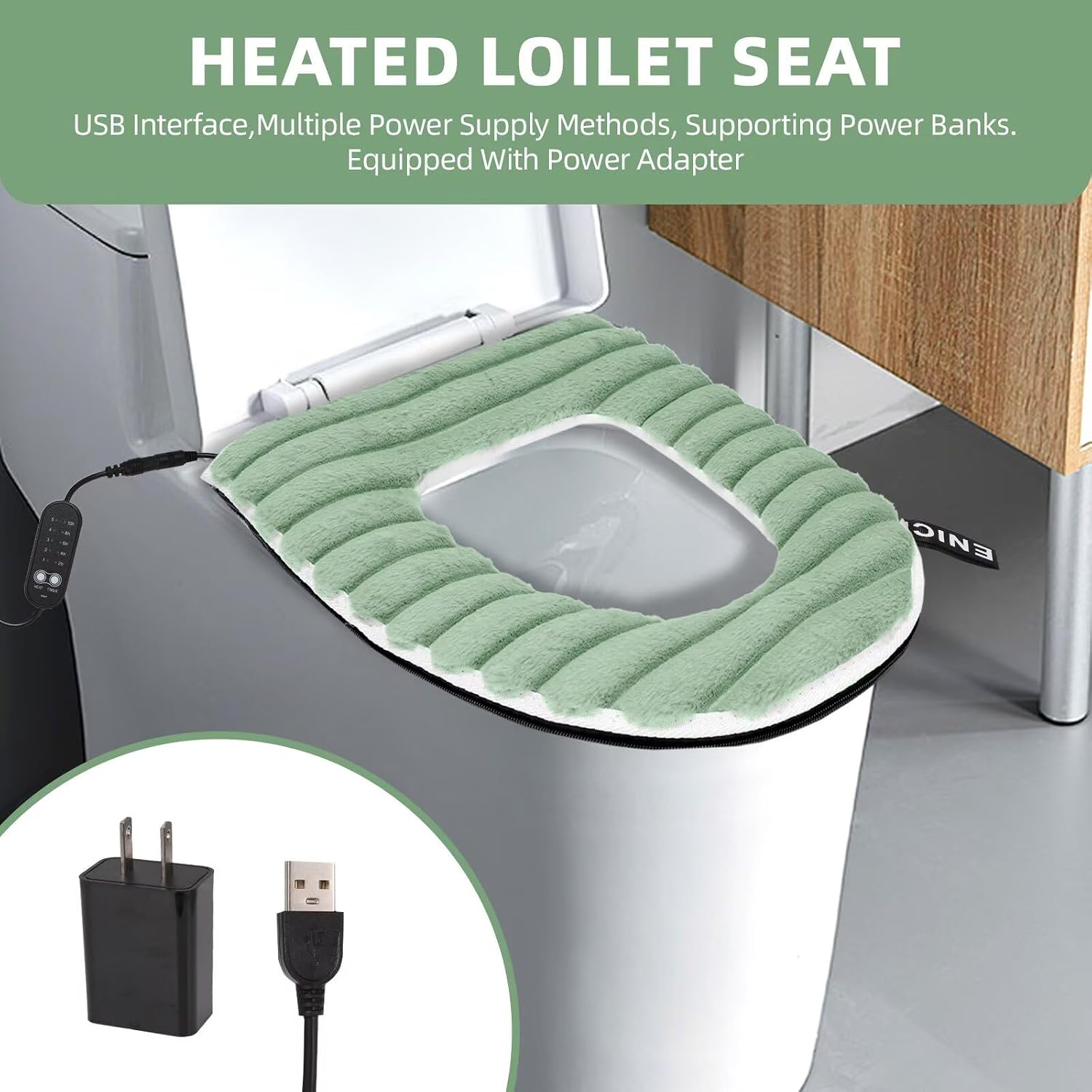 Heated Toilet Seat Cover,USB Powered Toilet Seat Warmer with Charger,5-Speed Adjustable Temperature and Timing Function,Levels Toilet Seat Cover with Soft Plush Fabric,Easy To Clean (Green) image 2